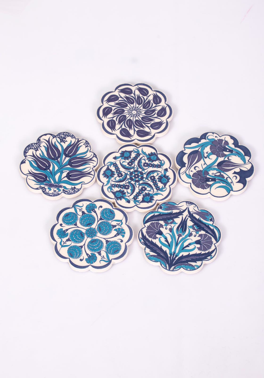 Turkish Floral Mixed Blue Designs Daisy Ceramic Coaster Set